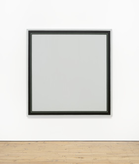 A large square gray canvas with a dark border containing a thin green line on a white wall.